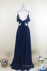 Navy Blue Chiffon Cold-Shoulder A-Line Long Bridesmaid Dresses