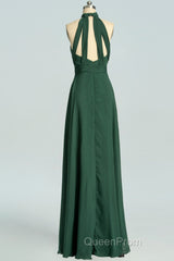 Halter Hunter Green Chiffon A-line Long Bridesmaid Dresses