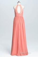 Halter Coral A-line Lace and Chiffon Long Bridesmaid Dresses