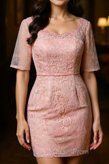 Two-Piece Blush Pink Lace Bodycon Short Mother of the Bride Dresses