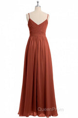 Rust Orange Spaghetti Straps Sweetheart Ruffled Long Bridesmaid Dresses