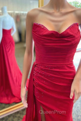 Red Beaded Strapless Mermaid Long Dresses with Attached Train