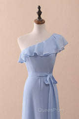 Periwinkle One-Shoulder Ruffled A-Line Long Bridesmaid Dresses