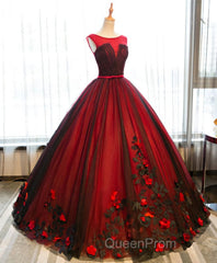 Burgundy Round Neck Tulle Lace Applique Long Evening Prom Dresses, Burgundy Evening Dresses