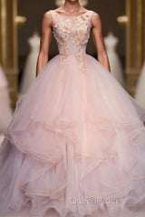 Pink Round Neck Tulle Lace Long Evening Prom Dresses, Lace Formal Dresses