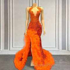 Orange Sleeveless Mermaid Evening Prom Dresses with Side Slit and Tulle Beadings