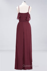 Straps Burgundy Ruffles A-line Long Bridesmaid Dresses