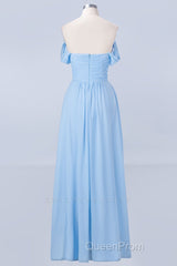 Blue Off the Shoulder Pleated Chiffon Long Bridesmaid Dresses