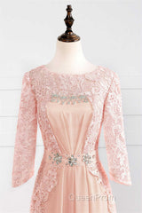 Pink Rhinestone Half Sleeve A-Line Long Mother of the Bride Dresses