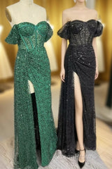Mermaid Off-the-Shoulder Boning Sequins Pleated Long Evening Prom Dresses with Slit