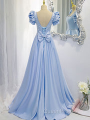 Blue Satin Backless Long Evening Prom Dresses, Blue Evening Dresses