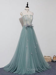 Green A Line Tulle Lace Long Evening Prom Dresses, Green Tulle Formal Dresses