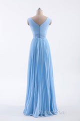 Blue Pleated A-line Chiffon Long Bridesmaid Dresses