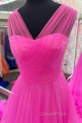 Hot Pink Illusion Strapless A-line Layers Tulle Long Evening Prom Dresses