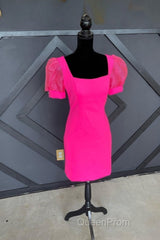Fuchsia Puff Sleeves Square Neck Sheath Homecoming Dresses