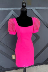 Fuchsia Puff Sleeves Square Neck Sheath Homecoming Dresses