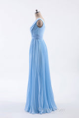 Blue Pleated A-line Chiffon Long Bridesmaid Dresses