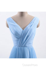 Blue Pleated A-line Chiffon Long Bridesmaid Dresses