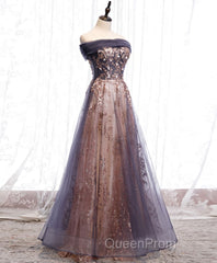 Unique Tulle Off Shoulder Lace Long Evening Prom Dresses, Lace Formal Dresses