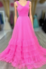 Hot Pink Illusion Strapless A-line Layers Tulle Long Evening Prom Dresses
