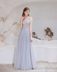 Luxury Blue Evening Dress, Long Evening Party Prom Dresses, A Line Prom Gown