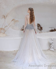 Champagne Prom Dresses Tulle Beading Luxury V Neck Long Sleeves Evening Dress 2025 Long Evening Party Dresses Women Robe De Luxe Femme Backless A Line Prom Gown