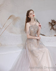 A Line Bateau Prom Dress, Long Neck With Train Sleeveless Zipper Formal Party Dresses