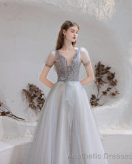 Elegant Prom Dress, Formal V Neck Short Sleeves Beaded Tulle Dresses, A Ling Floor Length