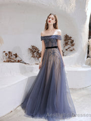 Evening Dress, Blue Prom Dresses, A Line Bateau Neck Floor Length Short Sleeves Zipper Formal Party Dresses, Pageant Dresses