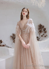 Luxury Champagne Evening Dress, Long Evening Party Prom Dresses, A Line Prom Gown