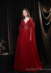 Luxury Burgundy Evening Dress, Long Evening Party Prom Dresses, A Line Prom Gown