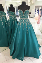 Green A Line Floor Length Sweetheart Sleeveless Beading Evening Prom Dresses