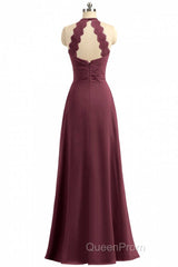 Burgundy Chiffon Halter Long Bridesmaid Dresses with Lace Strap