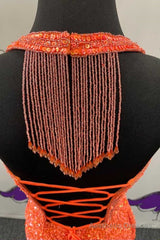 Orange Sequin Halter Fringe Short Homecoming Dress