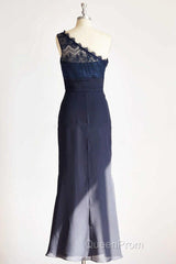One-Shoulder Navy Blue Lace Long Bridesmaid Dresses