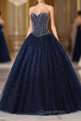 Navy Blue Ball Gown Floor Length Sweetheart Sleeveless Mid Back Evening Prom Dresses