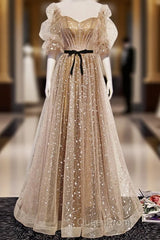 Champagne Sweetheart Tulle Long Evening Prom Dresses, Tulle Formal Dresses