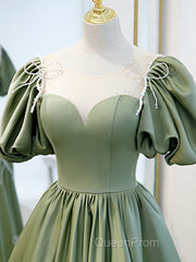 Simple Green Satin Long Evening Prom Dresses, Green Evening Dresses