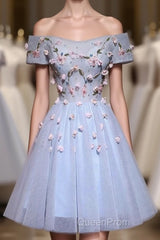 Cute Gray Blue Tulle Short Evening Prom Dresses, Gray Homecoming Dresses