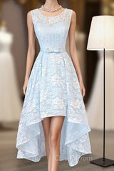 Light Blue Lace High Low Evening Prom Dresses, Homecoming Dresses