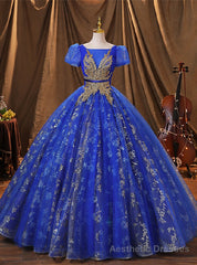 Royal Blue Tulle Pleats Sequins Appliques Quinceanera Dress