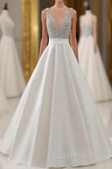 A Line Brush Train Deep V Neck Sleeveless Beading Evening Prom Dresses