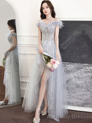 Gray Sweetheart Neck Tulle Long Prom Dress Gray Evening Dress