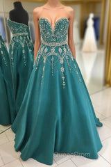 Green A Line Floor Length Sweetheart Sleeveless Beading Evening Prom Dresses
