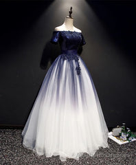 Blue Tulle Lace Long Prom Dress, Blue Tulle Lace Formal Dress