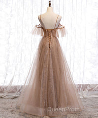 Champagne Tulle Sequin Long Evening Prom Dresses, Champagne Evening Dresses