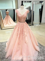Pink Sleeveless V Neck Tulle Lace Applique Long Evening Prom Dresses
