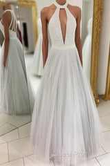 Gray A Line Floor Length Halter Sleeveless Beading Evening Prom Dresses
