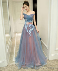 Gray Blue Tulle Off Shoulder Long Prom Dress Gray Blue Evening Dress
