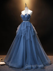 Blue Sweetheart Neck Tulle Long Evening Prom Dresses, Blue Evening Dresses